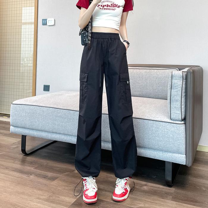 Fashion Women Joggers Pants Casual Chic Straight Cargo Pants Elastic High Waist Streetwear Slim Trousers Summer Thin