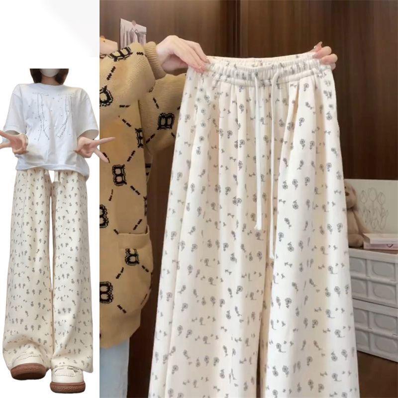Floral Print Drapey Athletic Pants for Women - Summer Thin Wide-Leg High-Waisted Loose Versatile Straight-Leg Casual Trousers