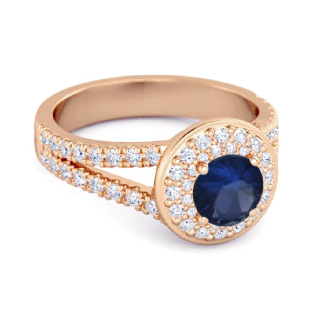 Blue Sapphire Double Halo Accents Ring - 925 Sterling Silver Rose Gold Vermeil