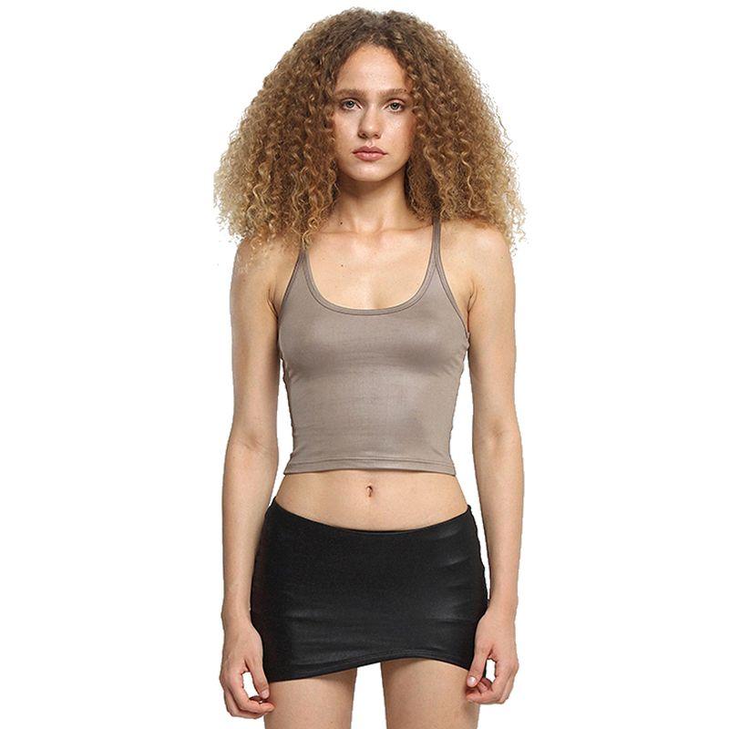 

Blingcharm * Текстура искусственной кожи Базовый повседневный Высокоэластичный Приталенный Клинфит Европейский и американский Гяру Топ на бретелях Brown | Gray Brown 2 | M |