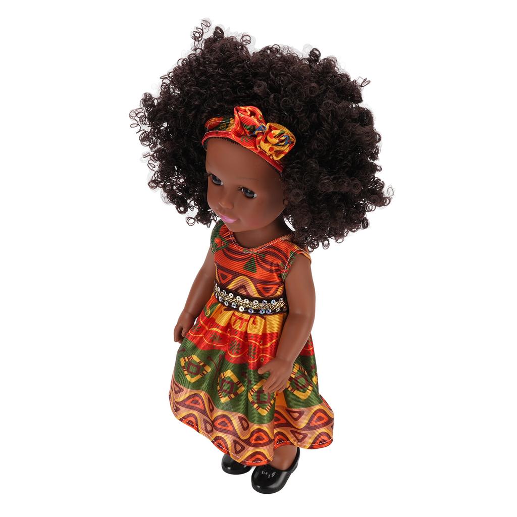 14 Zoll Schwarze Puppe mit Haarband Niedliches Kleid Afro-Haar Mädchen Mode-Puppe Wechselbare Kleidung