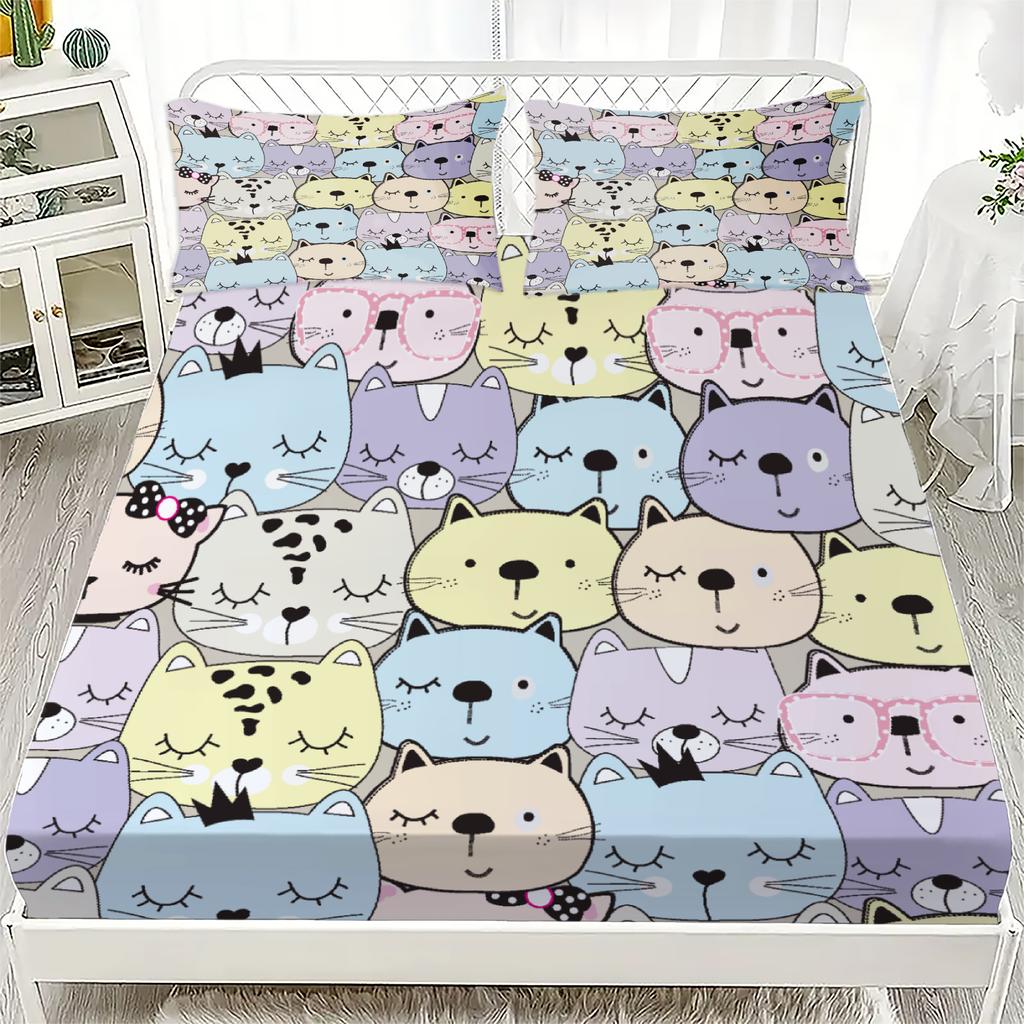 3pcs Fitted Sheet Set Colorful Cats Pattern Print Design  Durable Bed Sheet With Pillowcases For Bedroom Decor