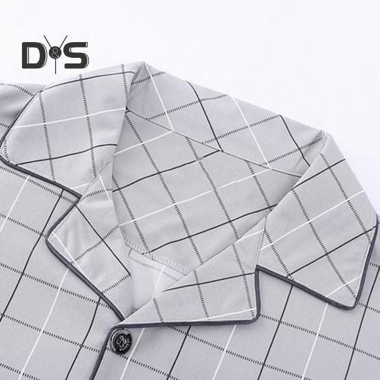 2Pcs/Set Men Pajamas Set Plaid Print Lapel Long Sleeve Single Breasted Shirt Elastic Waist Long Pants Set Loose Fit Loungewear Suit