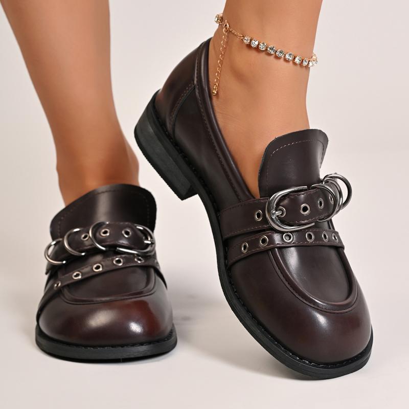 Metal Belt Buckle Decoration Loafers Women 2025 Autumn Round Toe Medium Heel Pumps Elegant Vintage Pu Solid Office Shoes