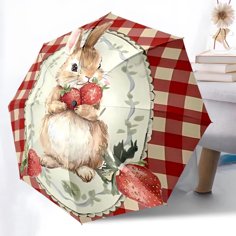 1pc Bunny Strawberries Automatic Open/close Umbrella, 8-Rib Sturdy Structure, Artistic Pattern, Compact Design, Fashion Lovers L044