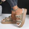 Fashion Fashion Platform Slippers Winter New Round Toe Open Toe Metal Buckle Plus Wool Warm Cotton Mopping