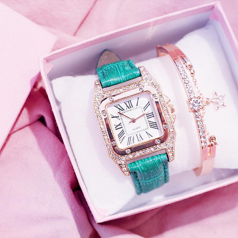 Women's Trendy Square Dial Quartz Watch with Leather Strap & Star Bangle