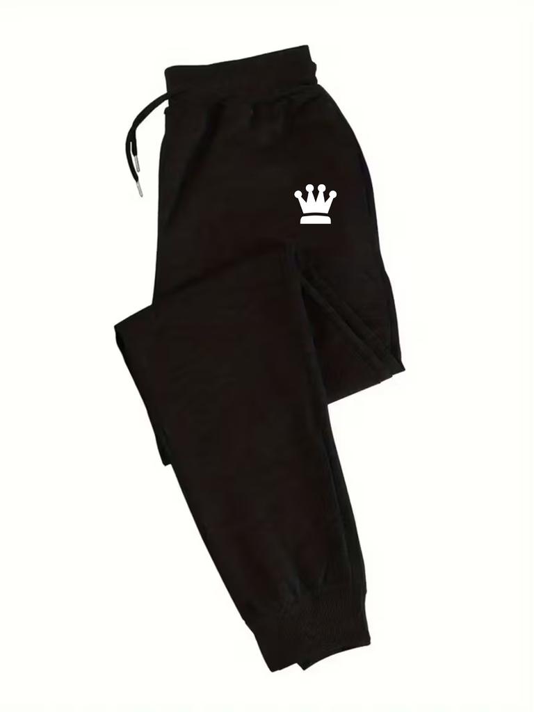 Royal-icon Men Sweatpants Pocket Minimal Crown Shape Motif, Leg Simple Black Crown Print, Side Pocket Drawstring Jogger Pants for Urban Street Looks
