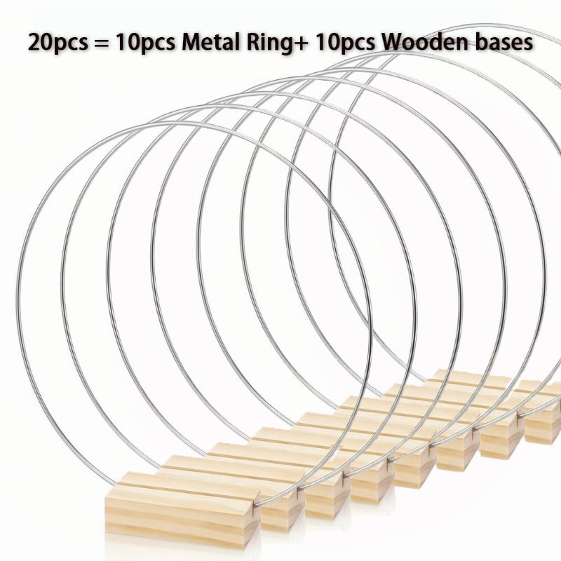 10 Sets Floral Wreath Centerpiece Set with 20-25cm Silvery Metal Ring & Wooden Base Reusable Hoops Wedding Garlands Table Decor
