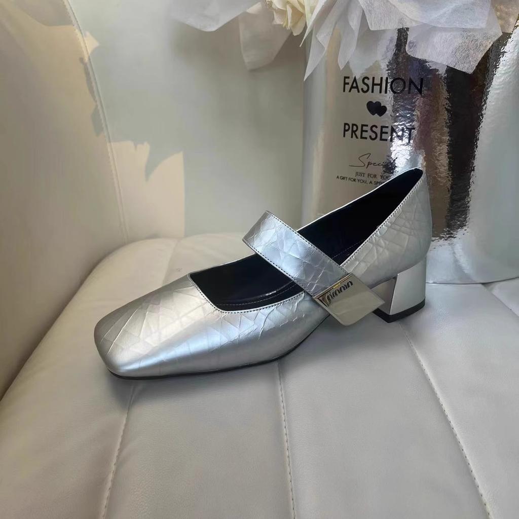 Fashion NEW Spring/Autumn Women Pumps Square Toe Chunky Heel Shoes Satin Shoes for Women Elegant Low Heel Buckle Black Mary Jane Shoes