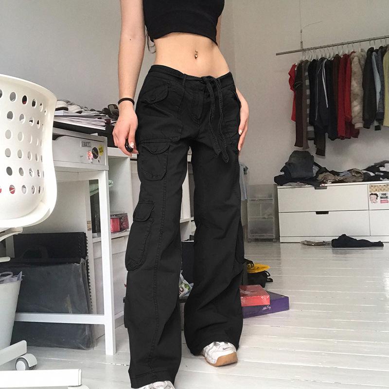 

Trendsetting Women s High Waist Grey Wide-Leg Cargo Pants with Belt and Multi-Pockets Small чёрный