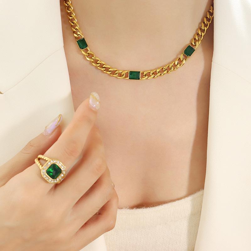Custom Cuban Thick Chain Necklace & Bracelet Set with Green Glass Stones - Colorfast Jewelry