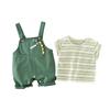 Abao Nannan Green Stripe Dinosaur Summer Set for Infant & Toddler – Korean Style Short Sleeve Two-Piece for Boys & Girls.