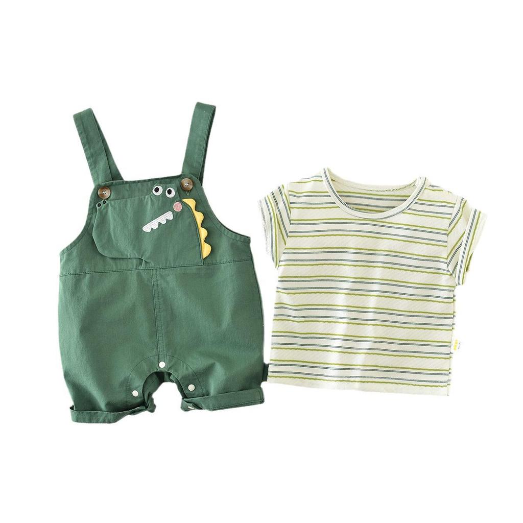 Abao Nannan Green Stripe Dinosaur Summer Set for Infant & Toddler – Korean Style Short Sleeve Two-Piece for Boys & Girls.