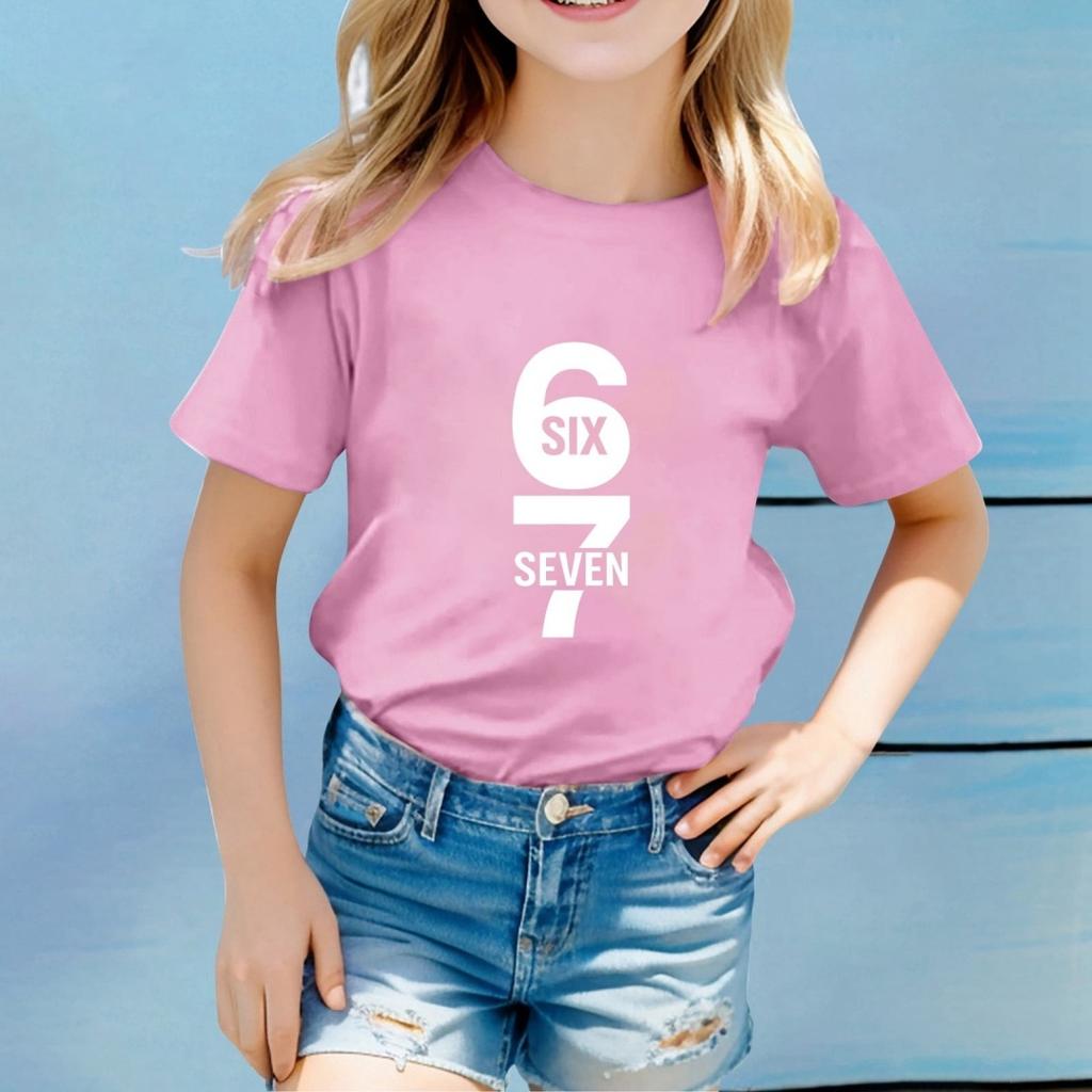 Children Funny Six Seven 67 Meme Print T-Shirt for Kids Humor Round Neck Tee Novelty Gift Girl Top Fashion Children's Clothing