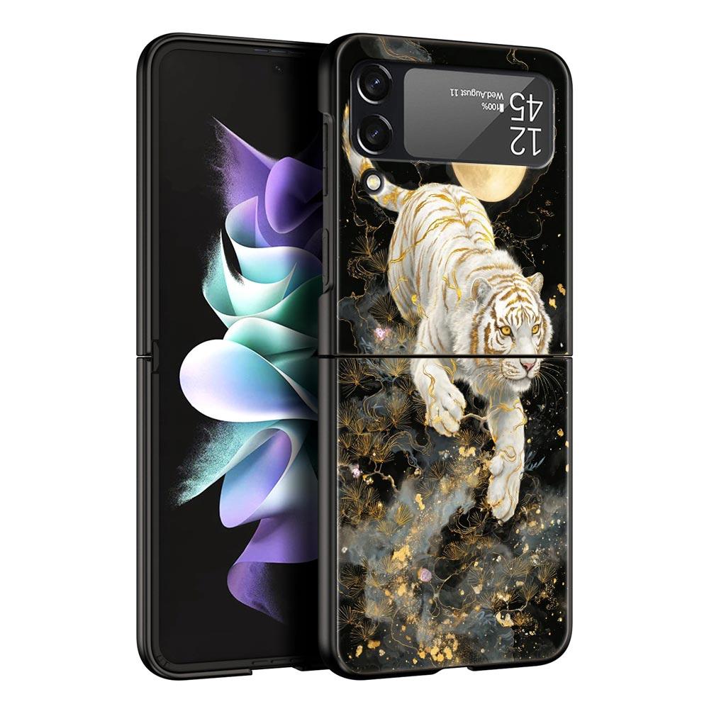 Phone Case for Samsung Galaxy Z Flip 3 4 5 6 7 Folding Black Shell For Samsung Z Flip4 Flip5 PC Hard Cover Animal White Tiger