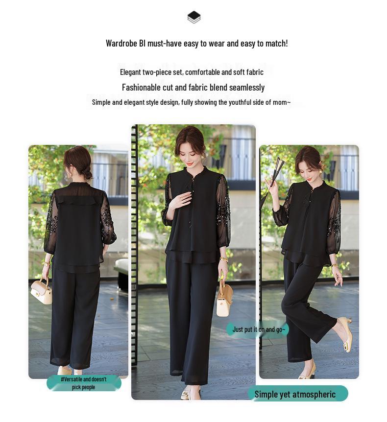 2026 Mom's Summer Outfit: Ice Silk T-shirt & Wide-Leg Pants Set for Middle-Aged Women