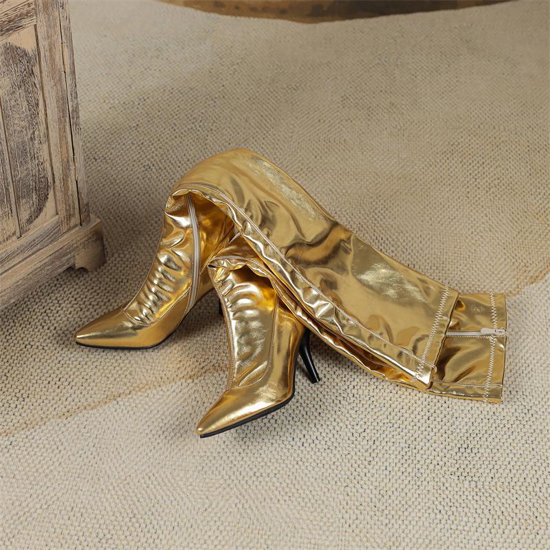 Sexy Silver Gold Metallic PU Over the Knee Boots Women High Spike Heel Club Show Party Lady Winter Plush Zipper Thigh High Boots