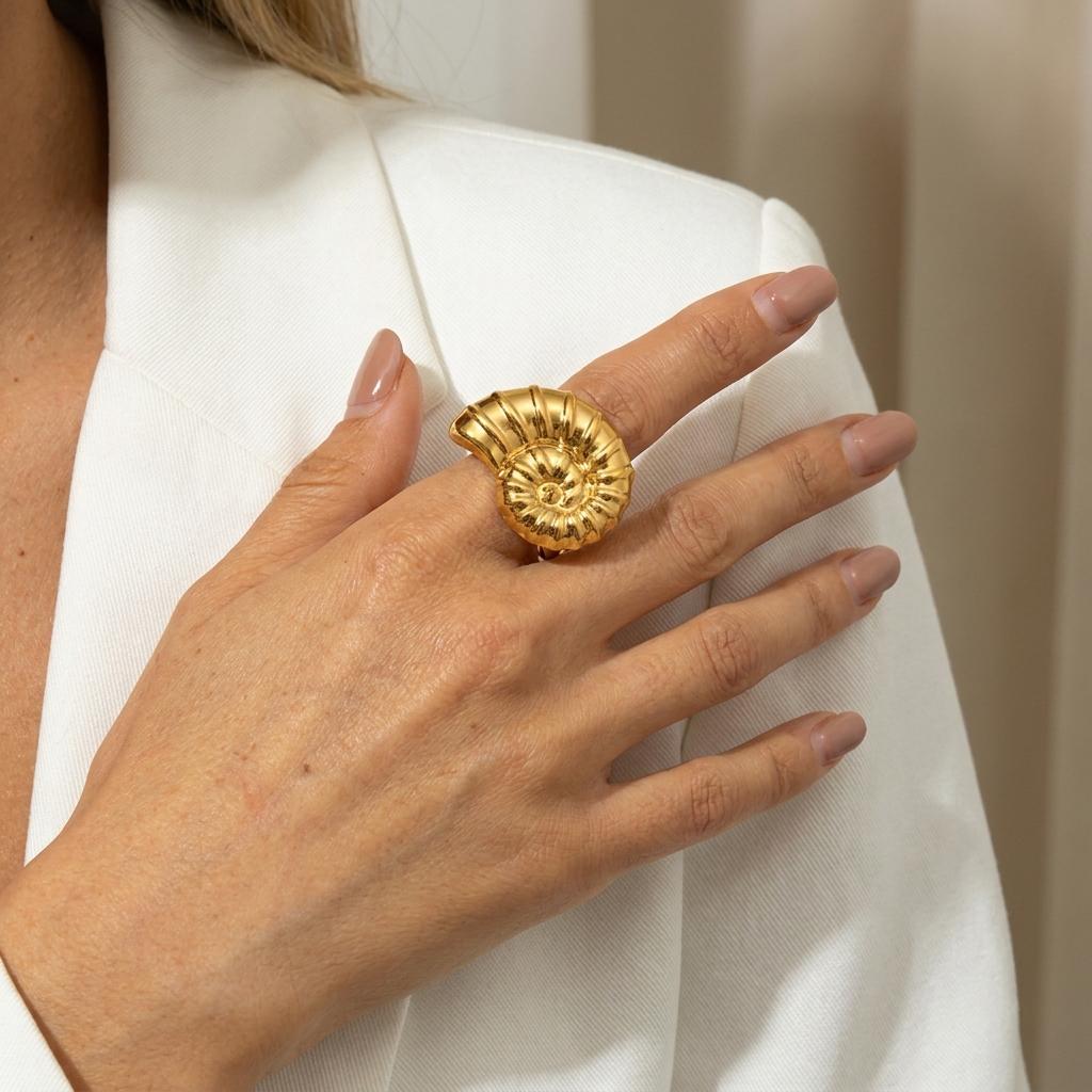 Exaggerated Geometric Heart Open Ring for Women Stainless Steel Gold Plated Starfish Conch Ring Summer Party Jewelry Gifts