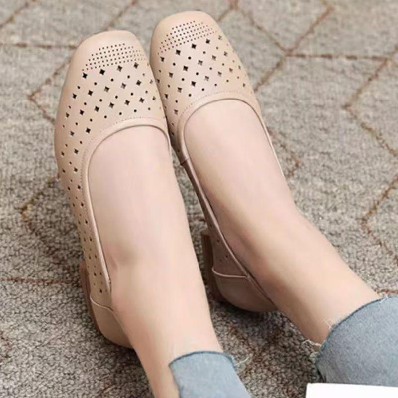 Women's Leather Hollow Out Low Heel Shoes Summer New Square Toe Shallow Slip On Cave Shoes Breathable Lightweight Commuter Shoe