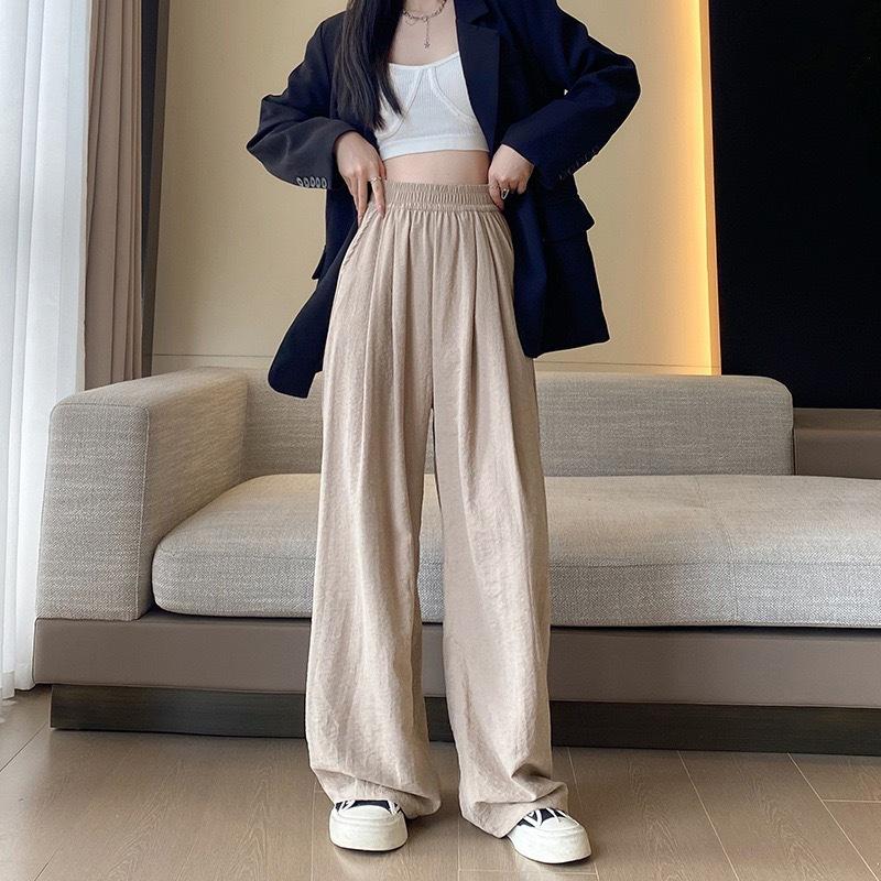 Women's High Rise Wide Leg Pants Straight Leg Trousers Ice Silk Textured Wrinkle Loose Petite Lazy Japanese Casual Thin Summer Long Pants