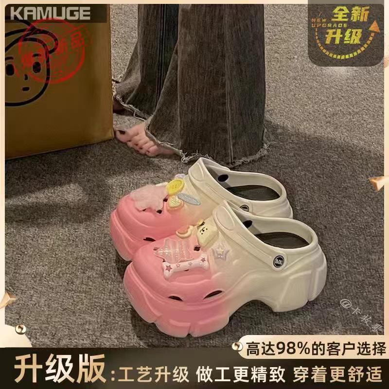 Internet Celebrities Gradually Change Thick-soled Hole Shoes Women Summer Wear New Fashion Pearl Heightening Non-slip Bag Head Cool Slippers