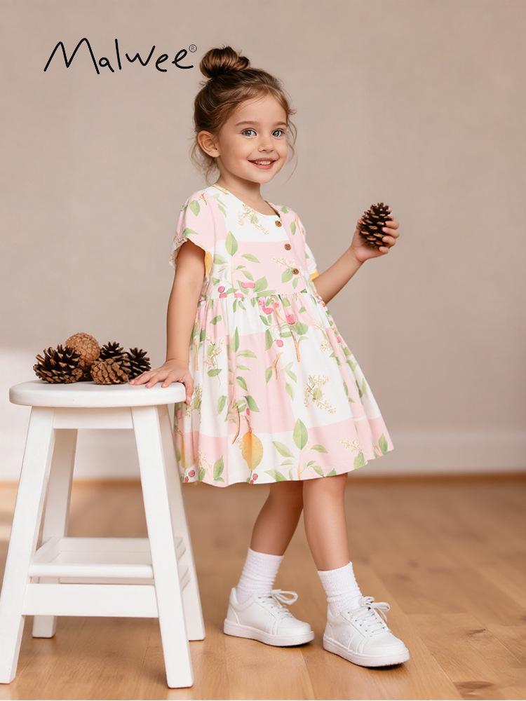 Malwee Girls' European-American Summer Princess Dress - Round Neck, Short Sleeve