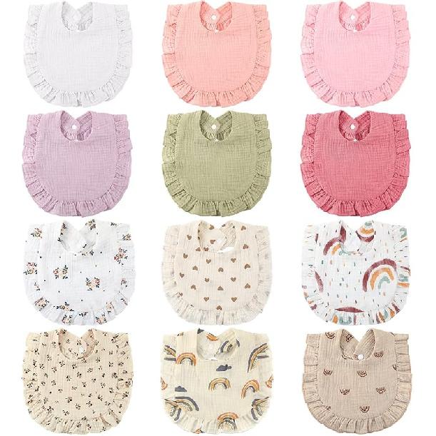 Geyoga 12 Pack Muslin Baby Bibs Adjustable Bandana Drool Bib for Unisex Cotton for Infants Boys Girls Teething