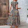 Letnia sukienka maxi z głębokim dekoltem V, krótkim rękawem, w stylu bohemy, z kolorowym nadrukiem, elastyczną wysoką talią, falbankowym szwem na dole, w kształcie litery A, sukienka plażowa