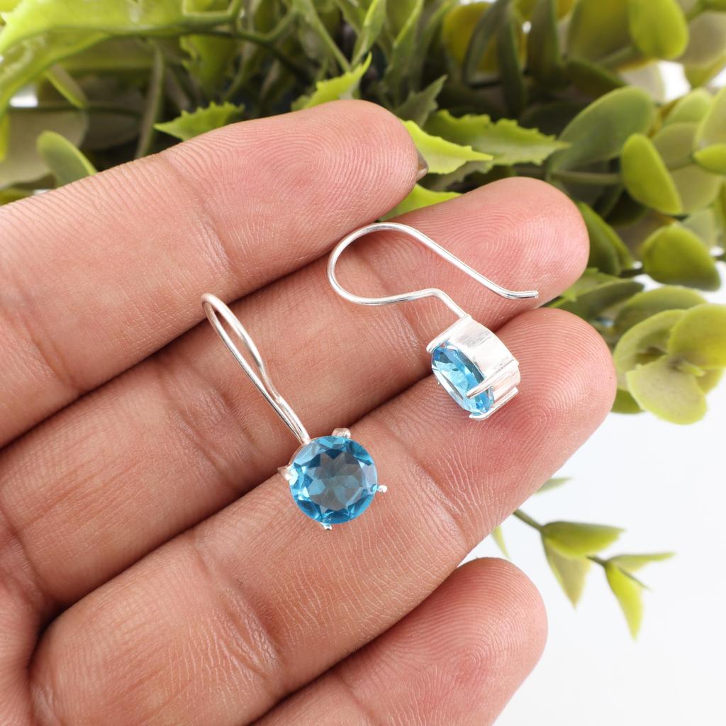 Náušnice Swiss Blue Topaz Náušnice s drahokamem, 925 masivní Sterling Silver Náušnice Šperky Ručně vyráběné náušnice, Stříbrné šperky Na dárek