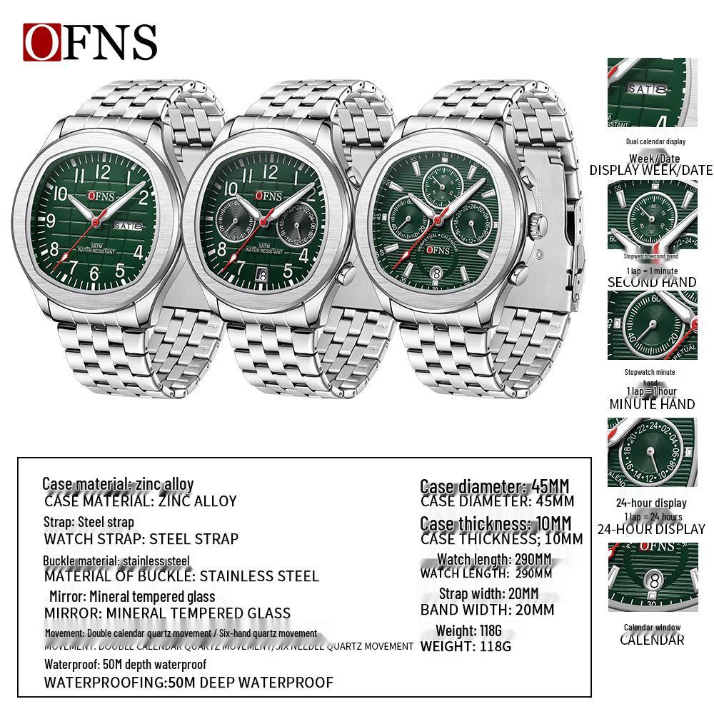 OFNS Men's Dual Calendar Quartz Watch - Business Waterproof Steel Strap Wristwatch.