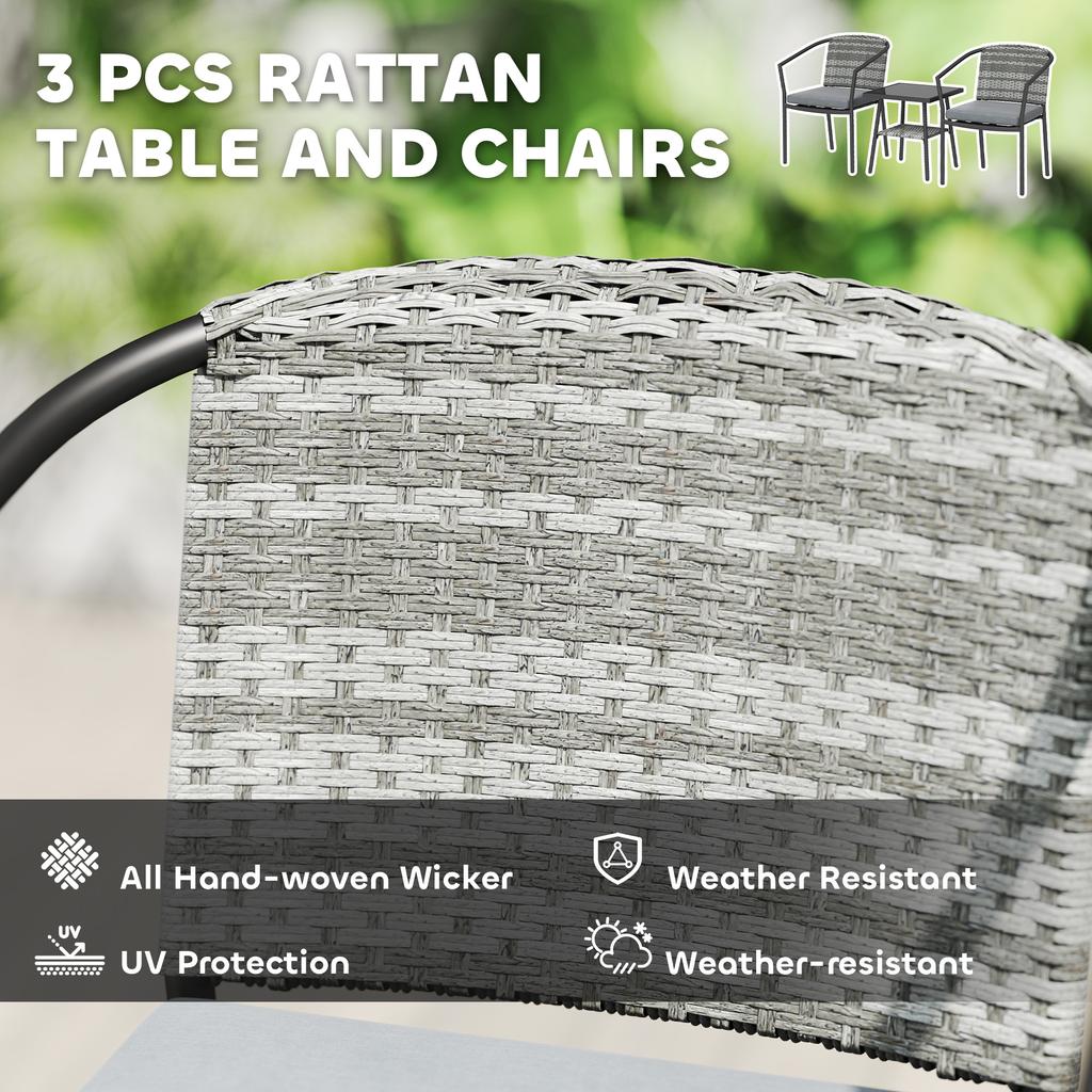 3 Pieces Rattan Bistro Set with Cushions, Wicker Garden Furniture Set, Glass Top Coffee Table and Chairs for Outdoor Patio, Balcony