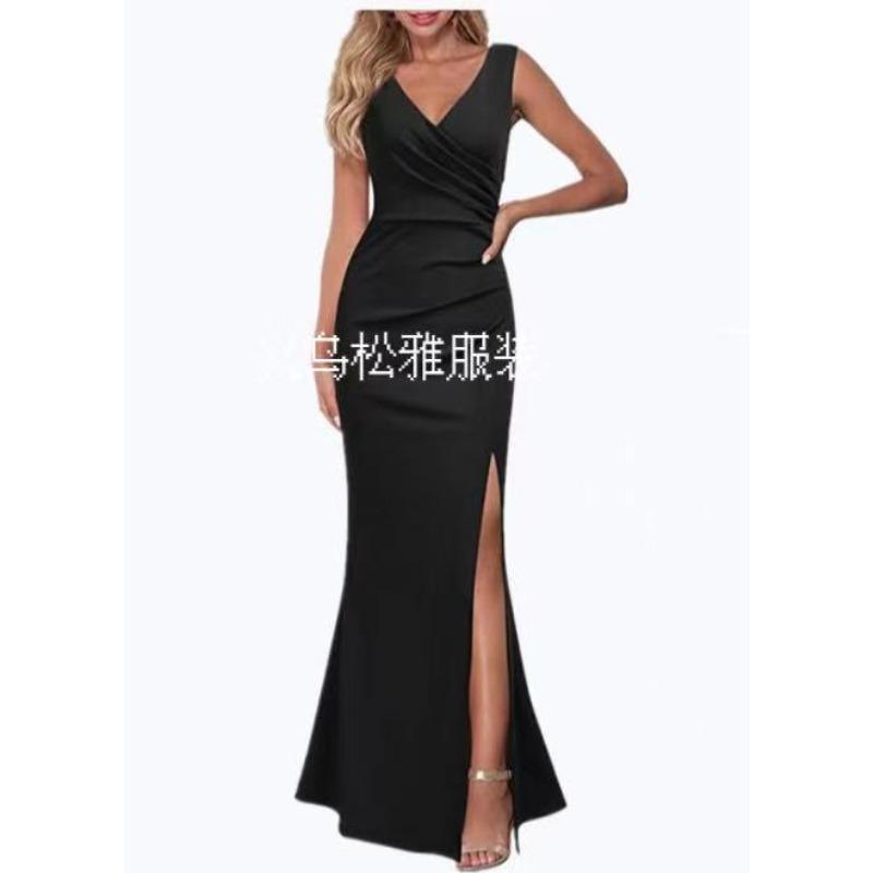 Women s sleeveless V-neck, split-ended evening dress, cocktail party dress S чёрный