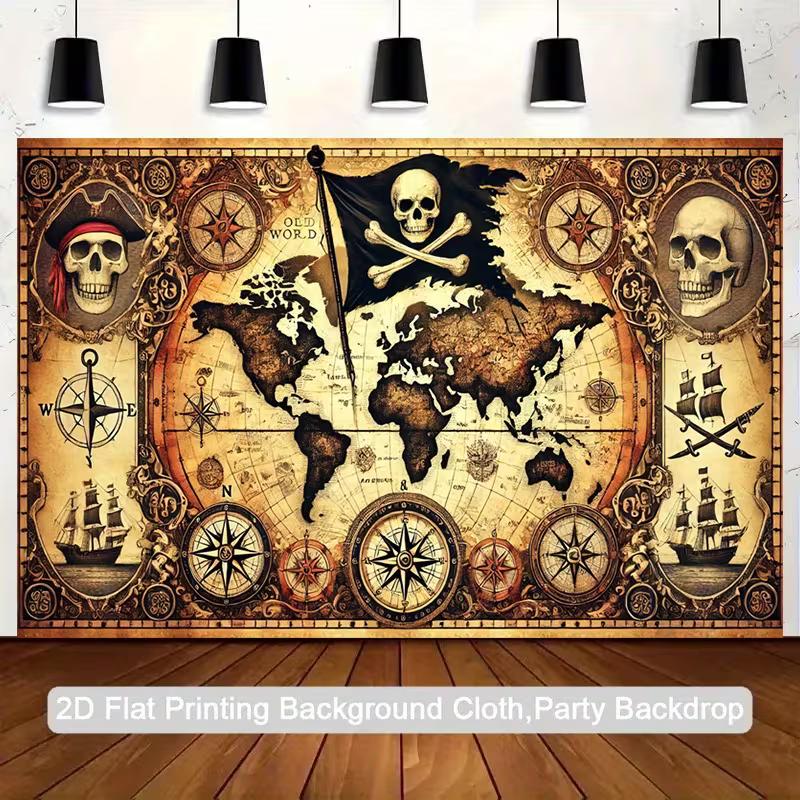 Vintage Pirate World Map Tapestry - Skull & Compass Wall Hanging Decor