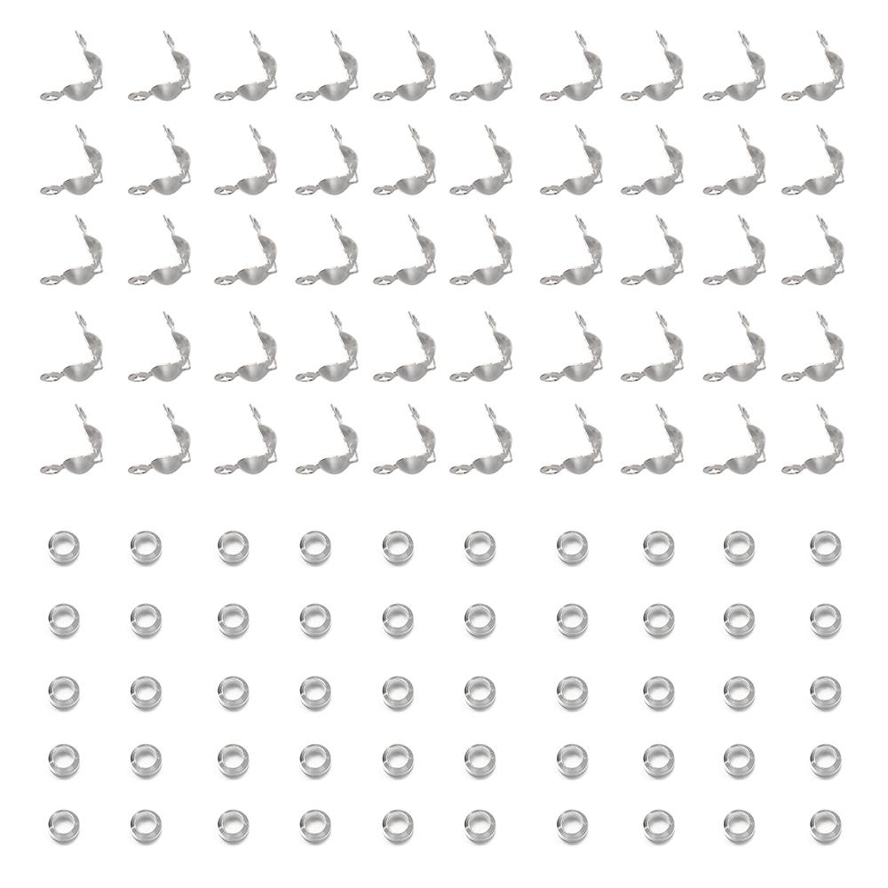 100pcs/lot Crimp Bead Tips Knot Covers Clamshell Fold-Over Bead Tips with 100pcs End Caps for DIY Jewelry Making Craft