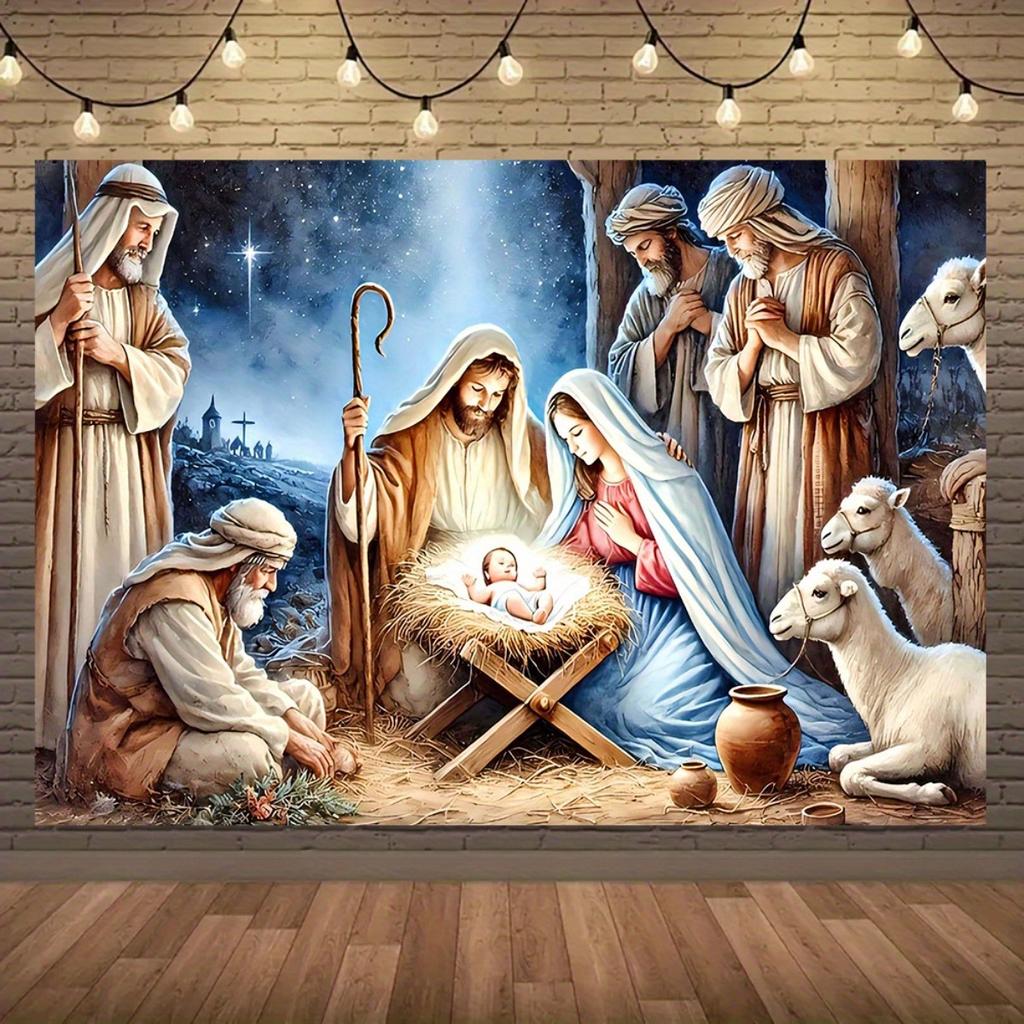 1 piece large Nativity scene banner with Mary Joseph young Jesus shepherds and animals