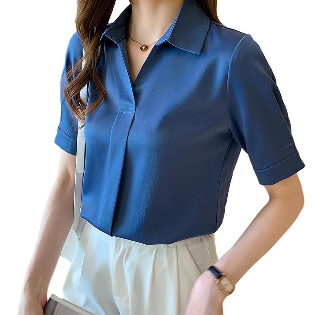 Blouse with Short Cool To the Large Body Breathable [MEME XTRA] Women's Collar, V-neck, Sleeves, Top, Office, Thin, Touch, Casual, Loose, Cool,