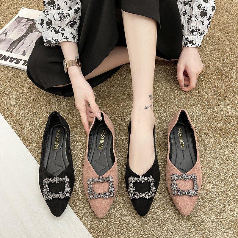 2025 New Korean Version of Foreign Trade Pointed Foot Cover Flat Bottom Fashion Casual Large Size Women's Shallow Mouth Rhinestone Buckle Women'