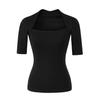 Light Gray Square Neck Slim Fit T-Shirt for Women - Short Sleeve, Waist Cinched, Ideal for Spring/Autumn