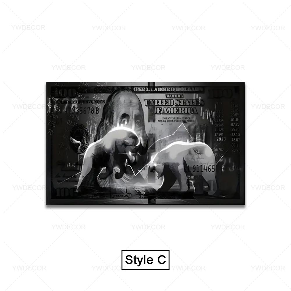 Golden Bitcoin Bull Bear Wall Street Bull Investment Wall Art Wealth Investing Poster for Room Office Decor Gift