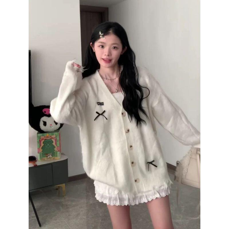 

Кардиган с V-образным вырезом, верхняя одежда, праздный стиль, банты White L [Suggested 52.50 kg-57.50 kg]]