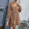 Autumn New Retro Light and Mature Style Waist V-neck Leopard Print Dress
