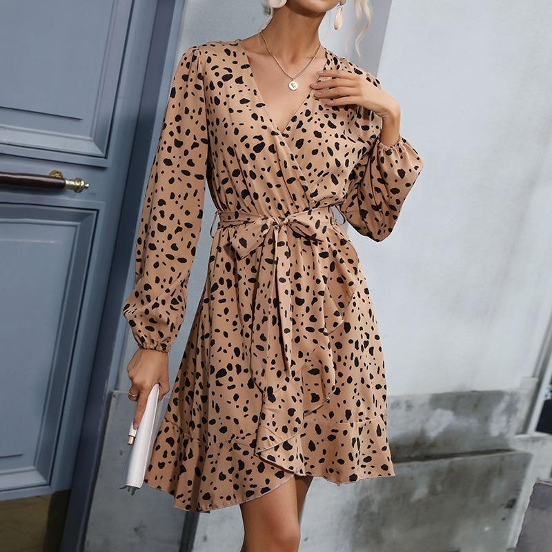 Autumn new retro light and mature style waist v-neck leopard print dress