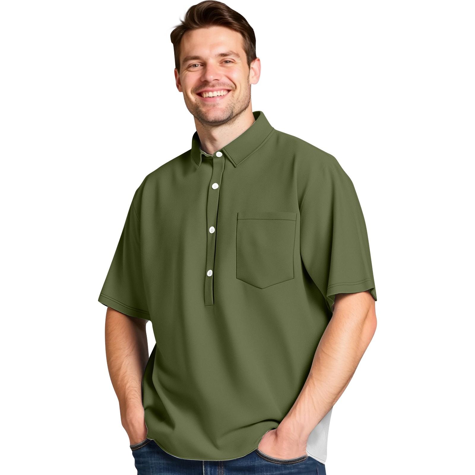 

Men s Summer Solid Color Four-sided Stretch Lapel Button Pocket Shirt Casual Sports Short-sleeved Top L