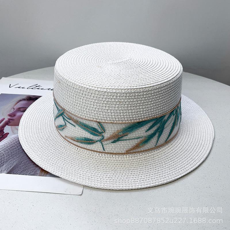 Women Flat Top Straw Hat Summer Beach Sun Cap Elegant Leaf Embroidered Boater Hat Breathable Paper Straw Wide Brim Travel Fedora