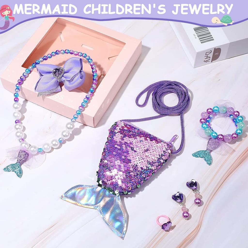 Mermaid Necklace Bracelet Jewellery for Kids Girls Set, Pearl Beads Necklace/Bracelet, Ring Combo Kit for Party Costume Jewelry Supplies Gift