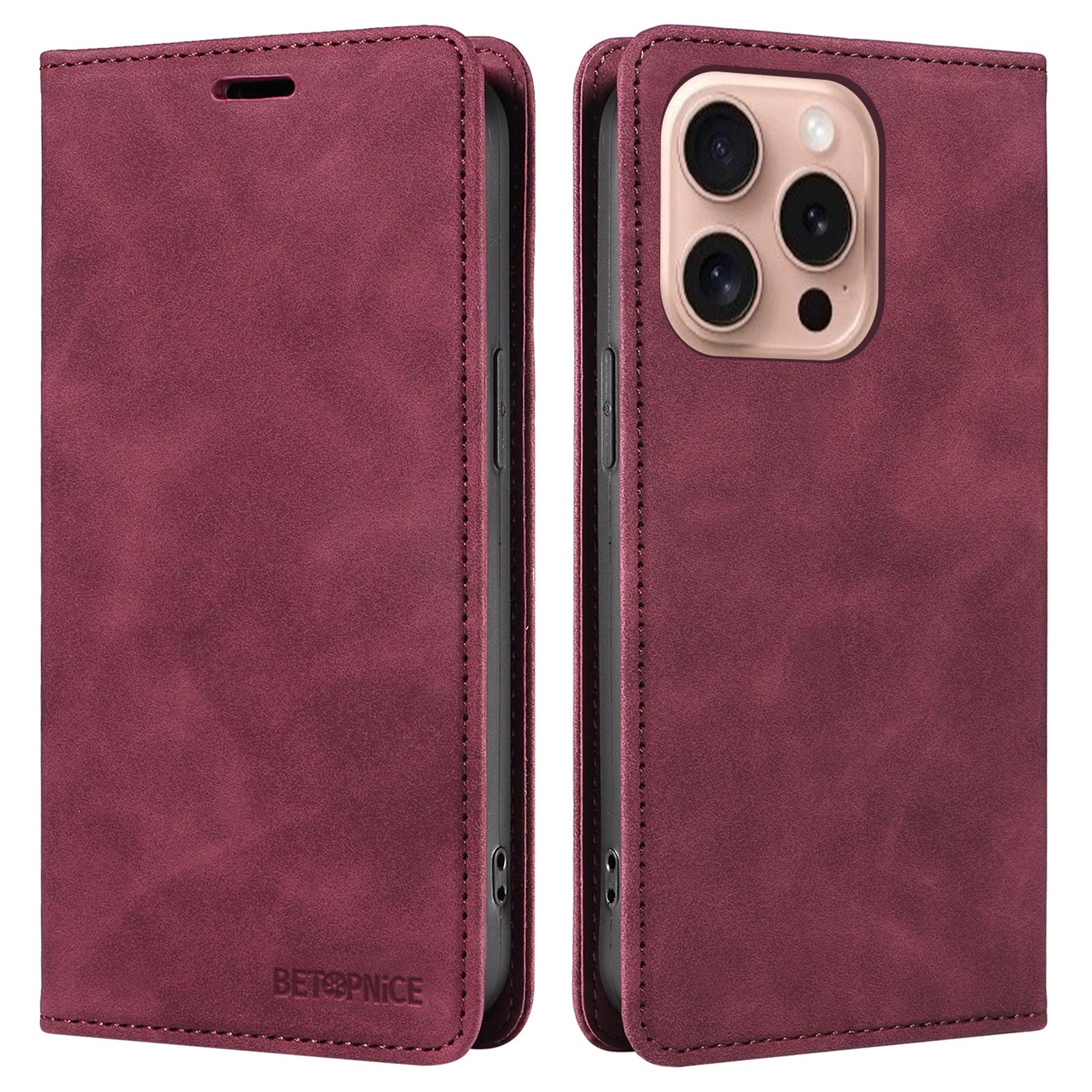 

BETOPNICE 003 For iPhone 16 Pro Case Wallet Strong Magnetic Leather Phone Cover Red