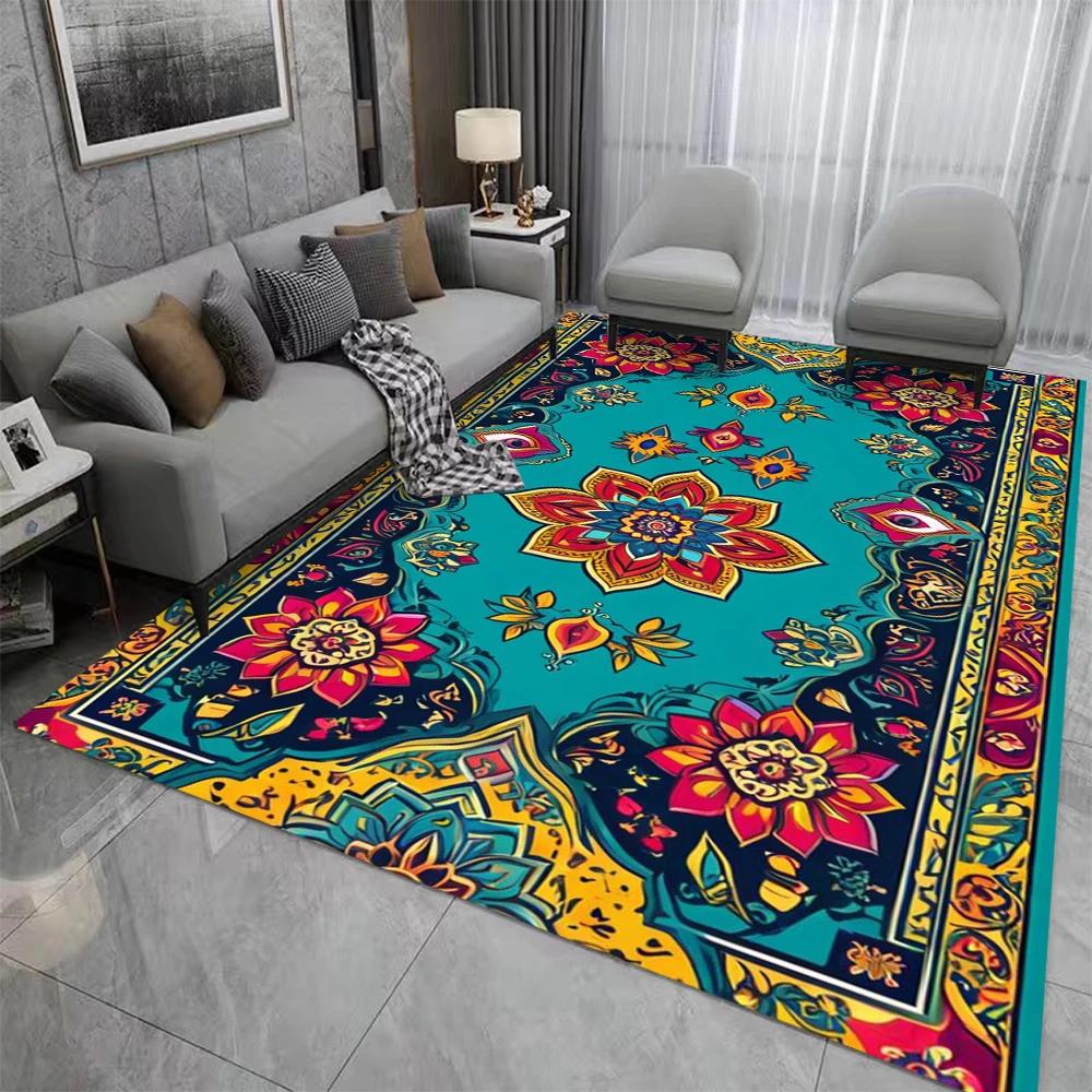 Tapis Style Rétro Bohème Perse Fleurs Salon Chambre Balcon Canapé Table Tapis de Porte Antidérapant Lavable en Machine Tapis de Maison Décor