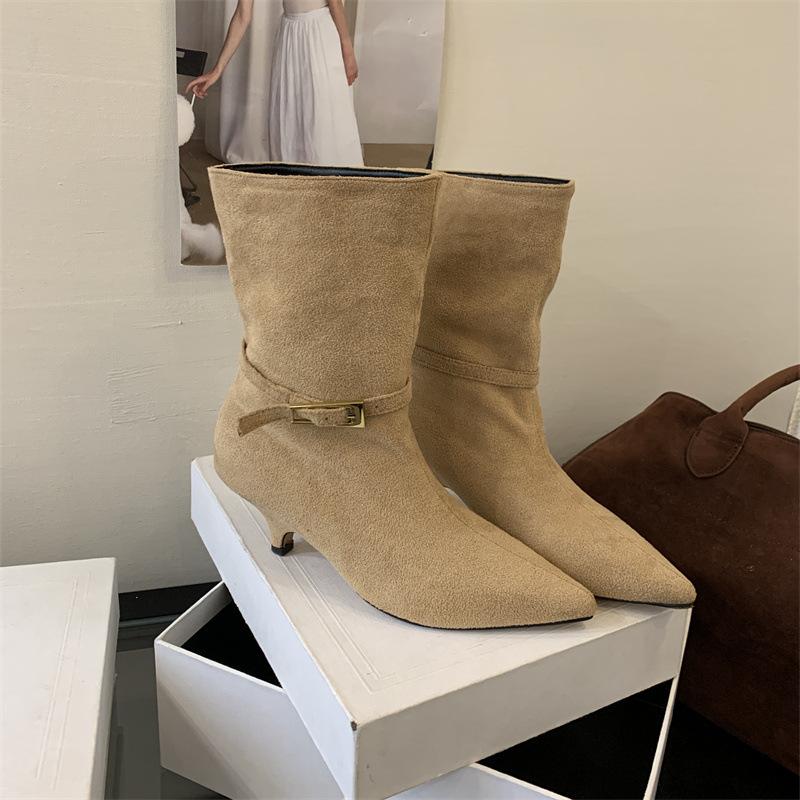 

2025 retro matte suede metal belt buckle knight boots autumn and winter temperament pointed thin heel high heel temperament short boots 39 хаки