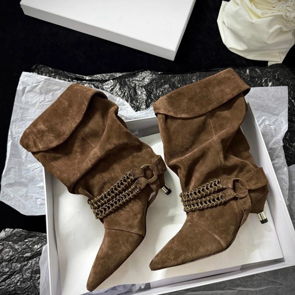 Korean Version of Niche Chain Cat Heel Thin Boots Women's Medium Tube Stacking Boots Temperament Thin High Heel Pointed Western Cowboy Short Boots